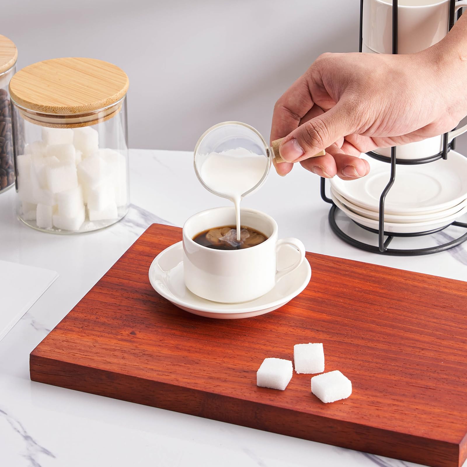 Meichu Espresso Cups Set of 4, 4oz Stackable Coffee Cups with Saucers and Metal Stand, White Demitasse Cups, Expresso Shots Cup Set