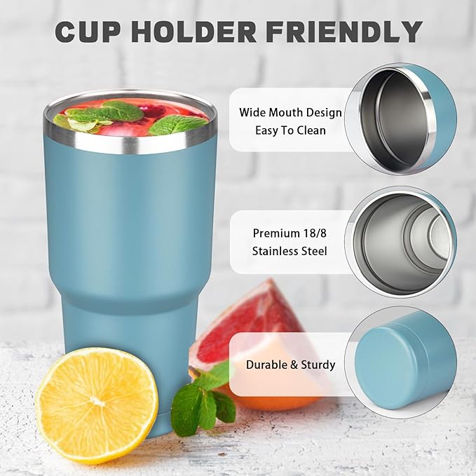 30 oz Tumbler with Lids and Straws, Stainless Steel Insulated Coffee Tumbler, Double Wall Vacuum Insulated Travel Mug Cup, Leakproof Thermal Coffee Cup for Hot and Cold Drinks (Azure Blue)