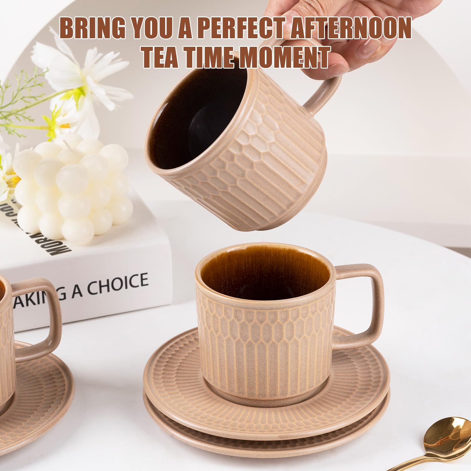 WHITEPEONY 8oz Cappuccino Cups with Saucers Set of 4, 8 Ounce Stackable Embossed Ceramic Coffee Mugs for Specialty Coffee Drinks, Latte Mugs, Cafe Mocha and Tea, Dishwasher & Microwave Safe (Brown)