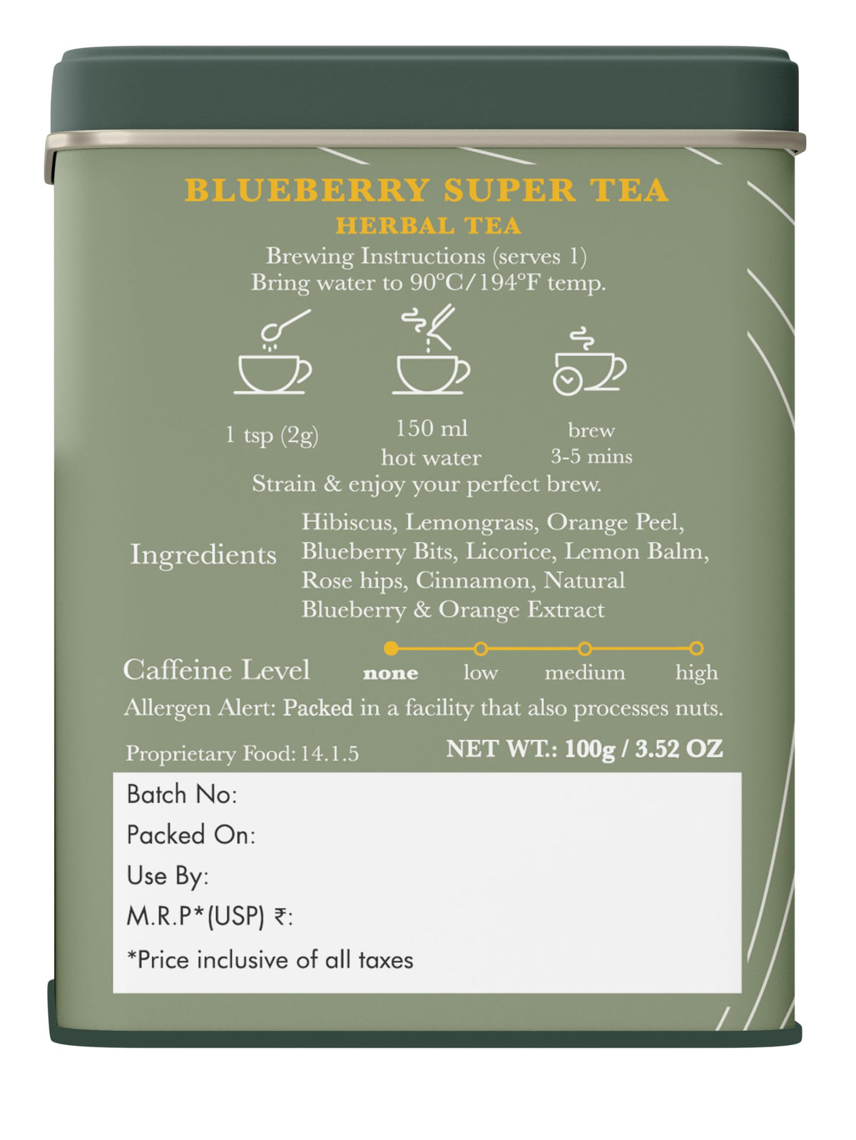 Luxmi Estates Blueberry Super Herbal Tea | Loose Leaf in Resealable Tin Caddy, 100g (3.5oz, ~50 Cups) | Caffeine-Free Fruit Herbal Infusion with Real Blueberry Bits, Hibiscus, Rosehips, Lemongrass, Orange Peel, Licorice, Lemon Balm & Cinnamon