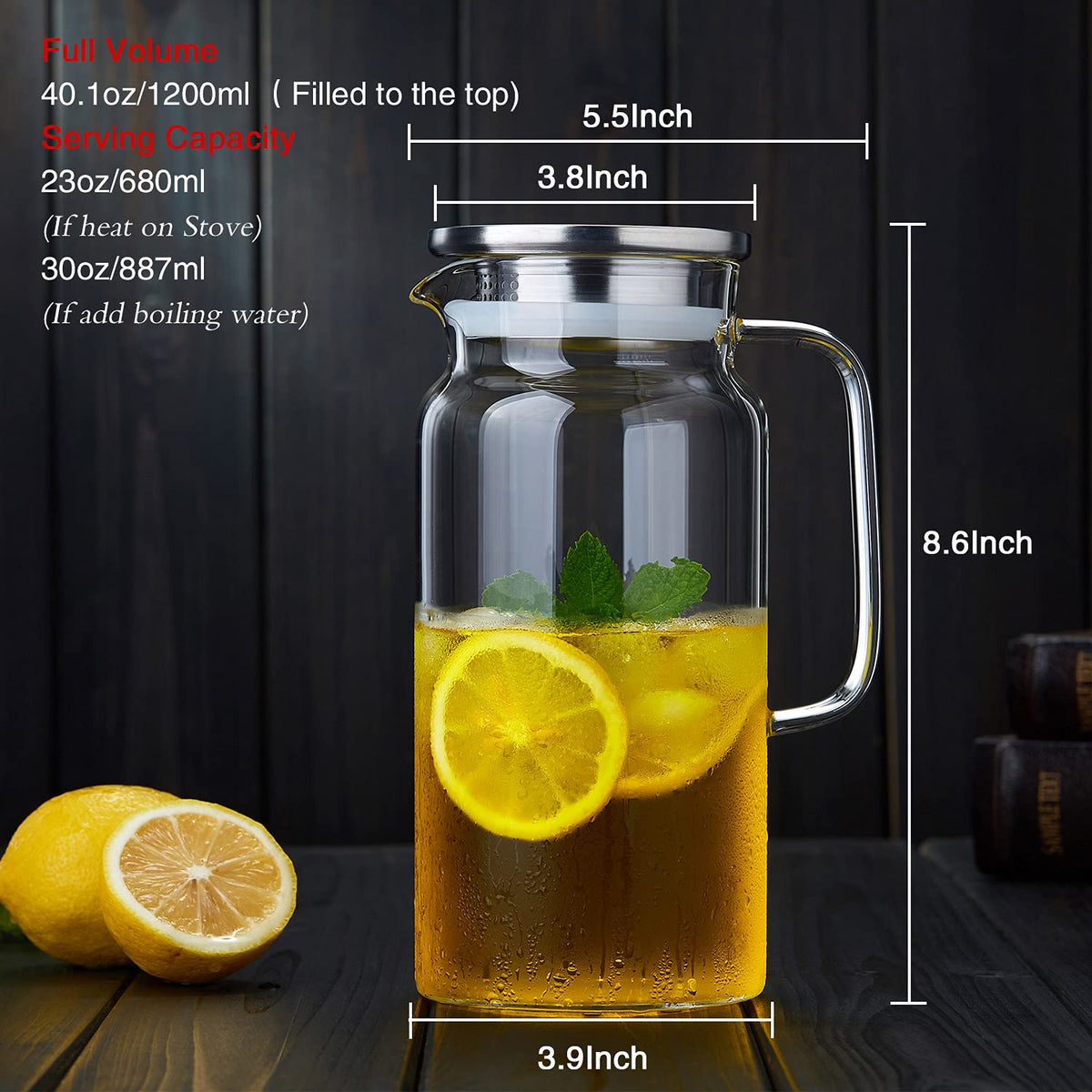 42OZ Glass Pitcher with Lid and Spout, Water Jug, 1250ml Carafe for Hot/Cold Water, Juice and Homemade Beverage, Large Iced Tea Pitcher for Coffee