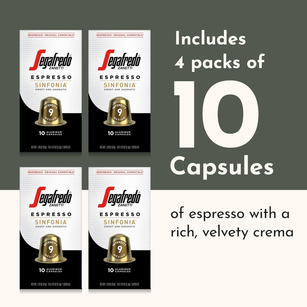 Segafredo Zanetti Espresso Capsules – Aluminum Pods for Nespresso Original Machines – Medium Roast Premium Espresso with a Sweet Aroma – Subtle, Intensity 9 – Sinfonia, 10 Count (Pack of 4)