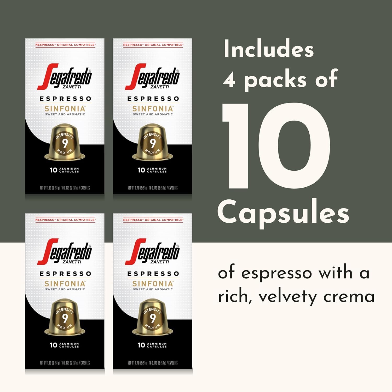 Segafredo Zanetti Espresso Capsules – Aluminum Pods for Nespresso Original Machines – Medium Roast Premium Espresso with a Sweet Aroma – Subtle, Intensity 9 – Sinfonia, 10 Count (Pack of 4)