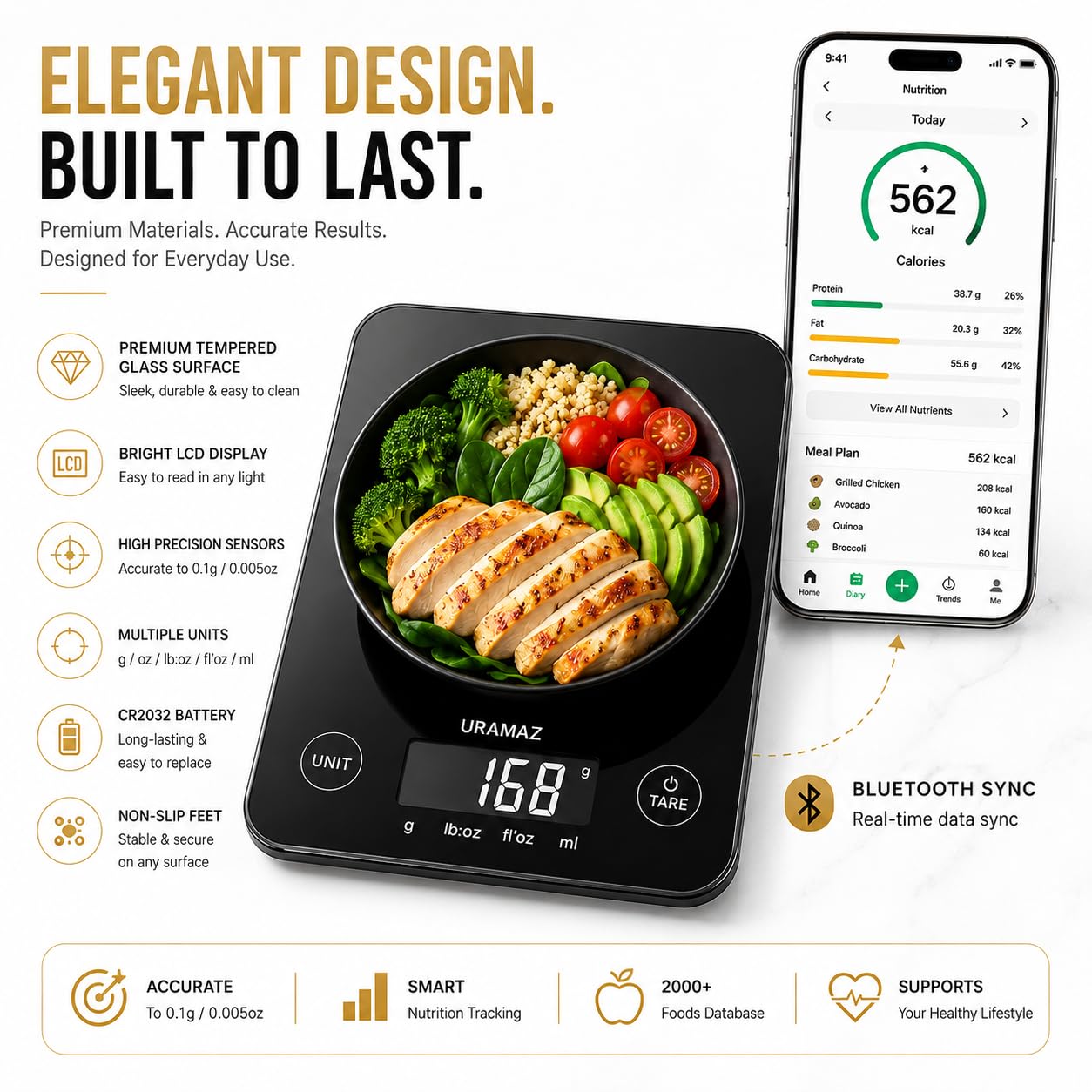 URAMAZ Smart Food Scale with Nutritional Calculator, Digital Kitchen Scale with Bluetooth App for Weight Loss, Food Weight Scale for Diet, Keto, Macro, Calories Counting, Tracking, 11lb