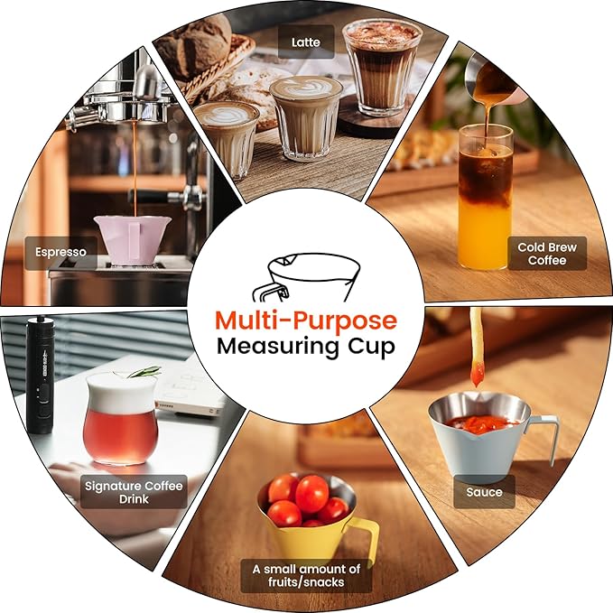 MHW-3BOMBER Espresso Measuring Cups, Double Spouts Stainless Steel Espresso Pour Cup, Espresso Shot Cups with Handle Scale, Metal Measuring Cups with V-Shaped Mouth, 3.4OZ/100ML Purple G5667-OS