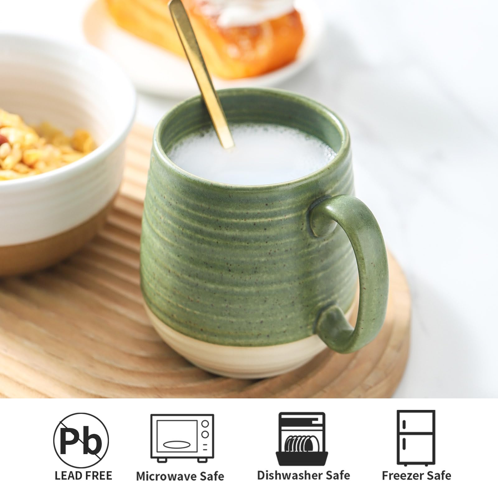 HASENSE 20 oz Coffee Mug, Large Green and Beige Stoneware Cup, Oversized Ceramic Tea Mug with Ergonomic Handle, Microwave and Dishwasher Safe, Perfect for Coffee, Tea, Soup, Hot Cocoa