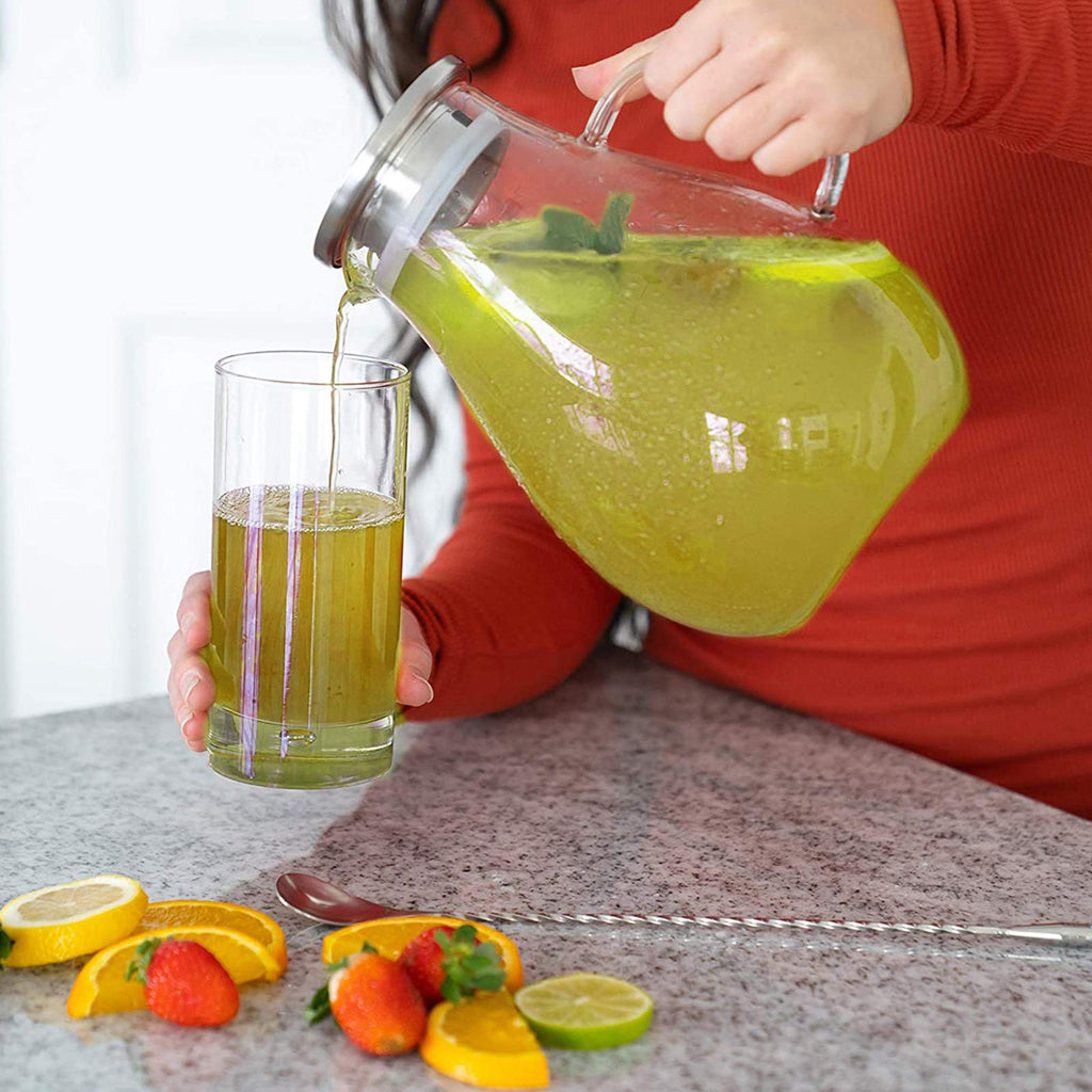 Abdodar 88oz Glass Pitcher with Lid and Handle - High Heat Resistance Glass Water Pitcher for Hot/Cold Water & Iced Tea with Ice Tray (2.6L)