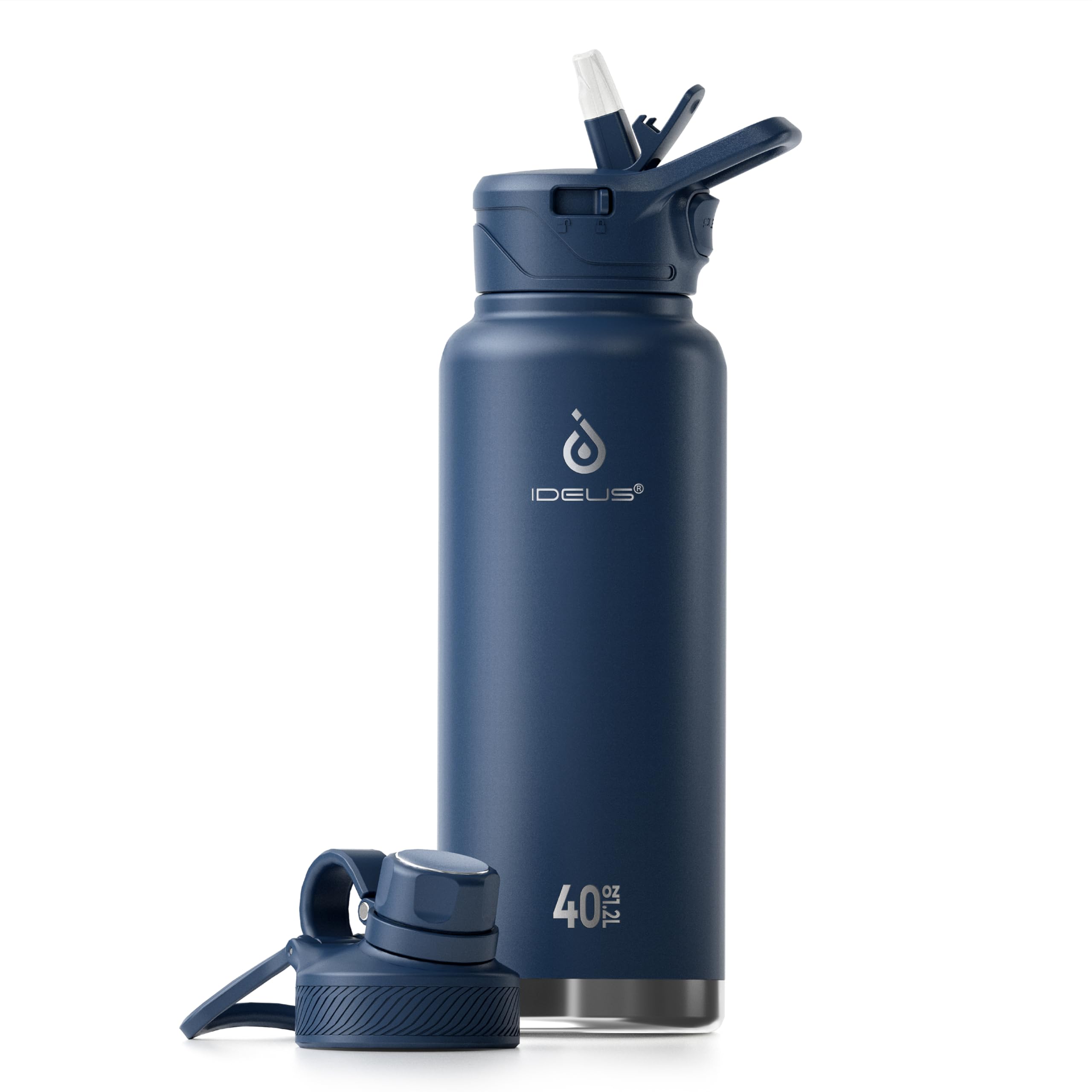 IDEUS Insulated Stainless Steel Water Bottle with 2 Leak-Proof Lids, Thermal Water Flask for Hiking Biking, 40oz, Navy Blue