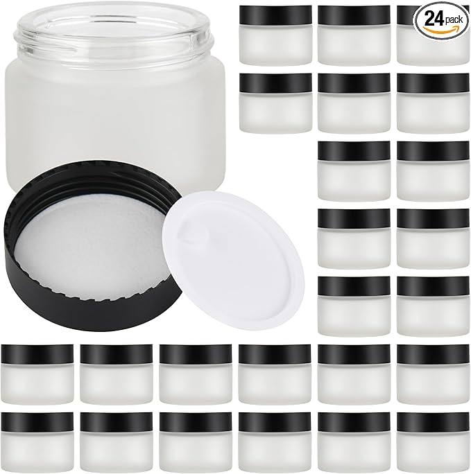 Glass Jars with Lids,Eco-Friendly Cosmetic Containers with Airtight Black Lids & Liners, Multi-Color Options for Cream, Lotion, Body Butter, DIY Skincare Travel Jars (Clear Frosted, 2oz)