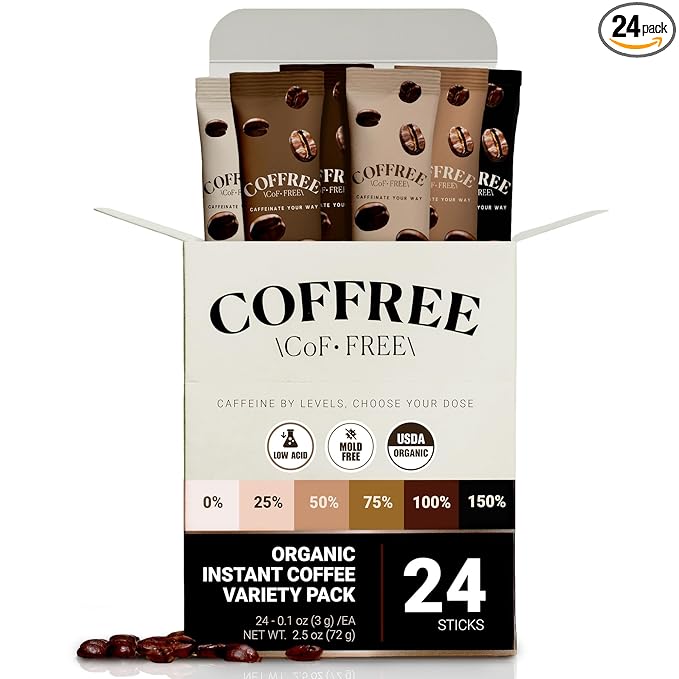 COFFREE Organic Instant Coffee Packets - Choose Your Caffeine Dose Variety Pack 0-150% - Low Acid, Mold Free Coffee Made with Arabica Coffee Beans - Hot or Cold Single Serve Packets 24 Count Box