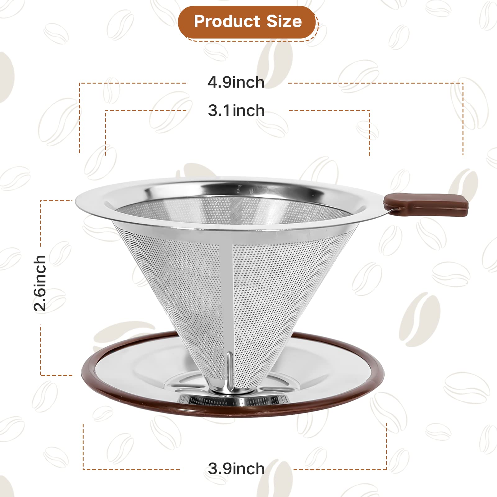 Pour Over Coffee Dripper, Stainless Steel Reusable Cone Filter, 1-2 Cup