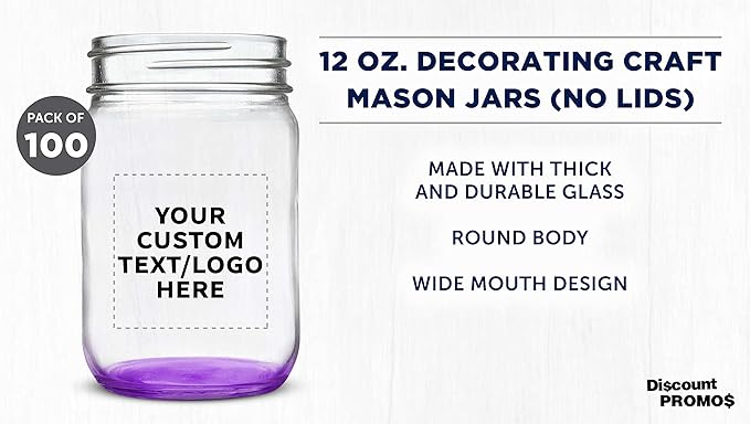 DISCOUNT PROMOS Custom Decorating Mason Jars 12 oz. Set of 100, Personalized Bulk Pack - Glass Jars for Overnight Oats, Candies, Fruits, Pickles, Spices, Beverages - Purple