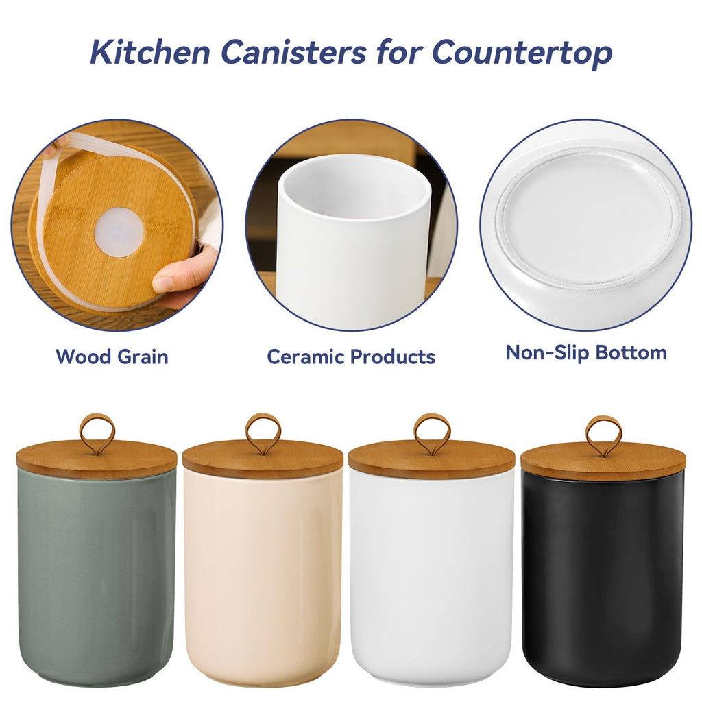 Jueison Ceramic Storage Jars, Modern Airtight Canisters with Wooden Lid (White)