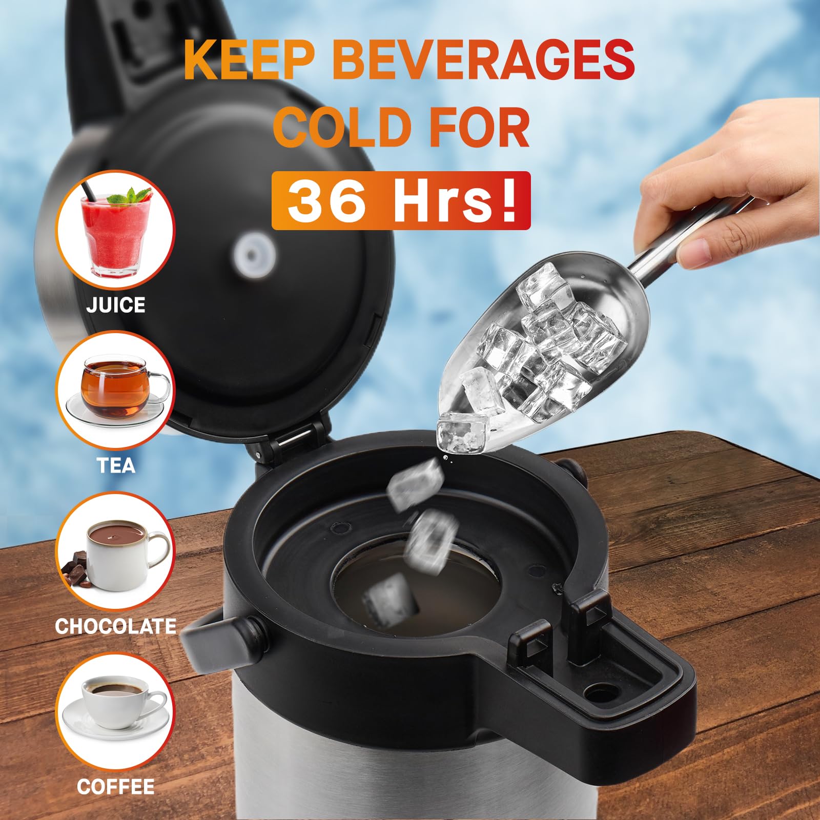 Airpot Coffee Dispenser with Pump - 140 oz Insulated Stainless Steel Coffee Carafe - Thermal Beverage Dispenser - Coffee Urn for Hot/Cold Water, Party Chocolate Drinks