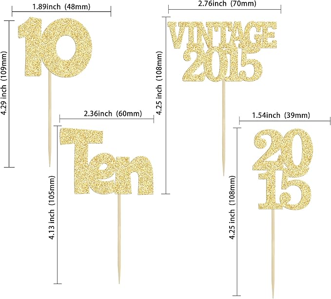 Gyufise 24Pcs Double Digits 10 Cupcake Toppers Glitter Ten Vintage 2015 10th Birthday Cupcake Picks Hello 10 Years Birthday Cake Decorations for Happy 10th Birthday Anniversary Party Supplies Gold