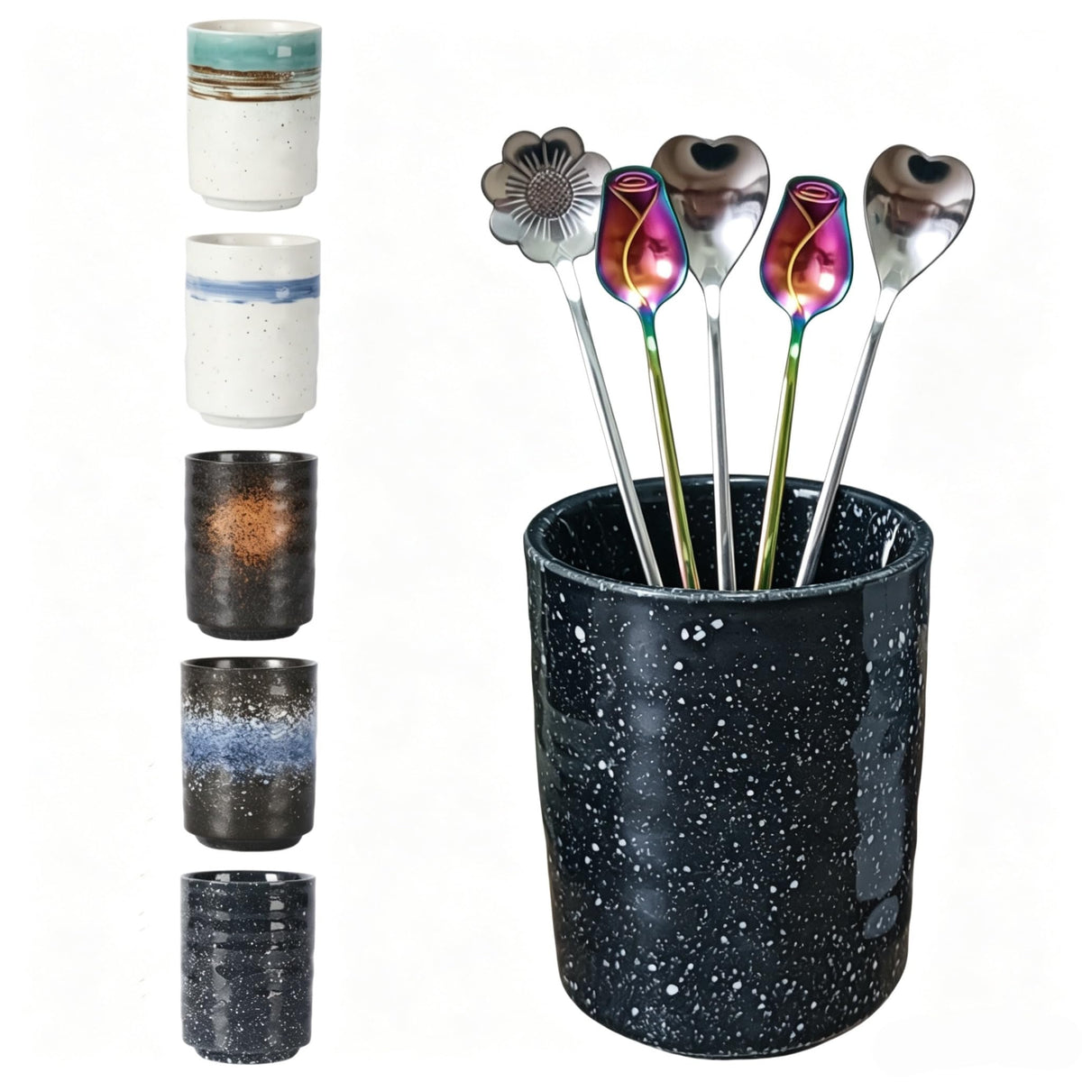 TOPYOKK Stoneware Coffee Bar Utensil Holder Tea & Coffee Spoon & Stirrer Holder for Stir Stick Straw Teaspoon Holder Espresso Spoon Cup Small Utensil Jar (Snow night)