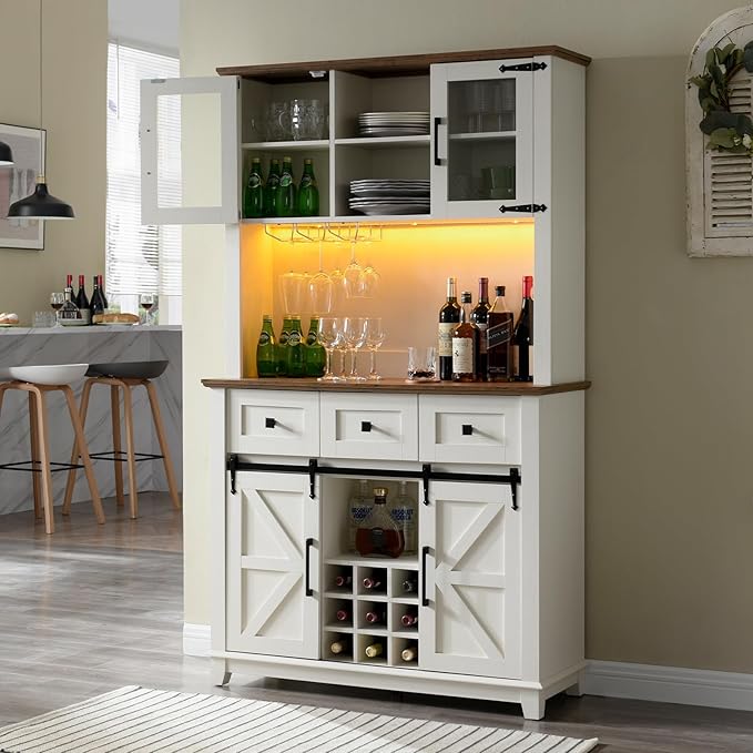 AMERLIFE 72" Coffee Wine Bar Cabinet with Sliding Barn Door, Farmhouse Kitchen Sideboard, Buffet Storage Table, 3 Drawers, LED Lights, Tall Hutch Home Bar for Dining Room, White