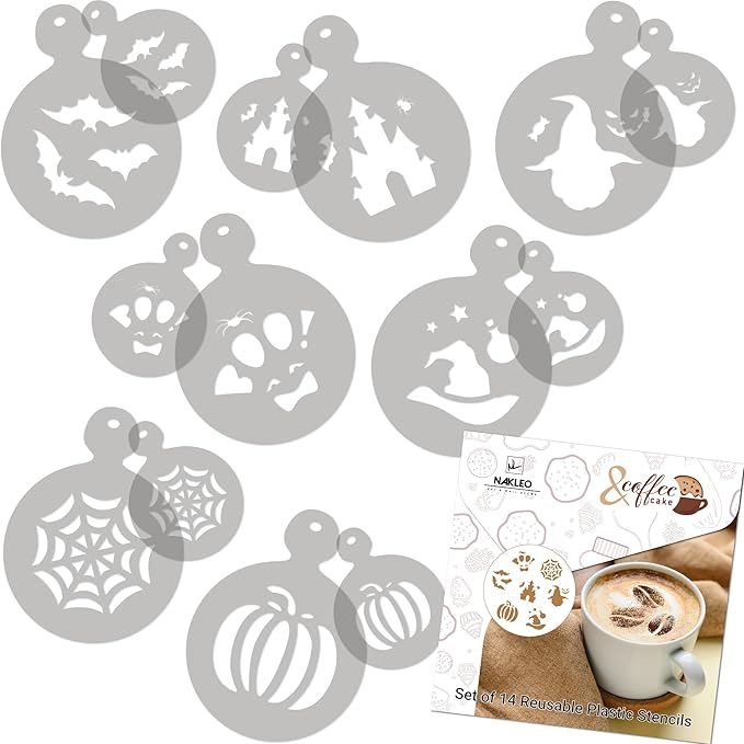 NAKLEO Coffee Stencils and Cookies Decoration 14Pcs 2.8”x2.8” and 4.3”x4.3”, Reusable Plastic Baking Templates, Barista DIY Art Craft, Capuccino Latte Chocolate Cake Biscuit