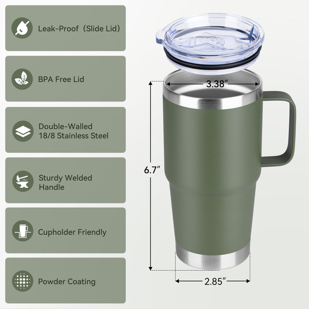 20oz Tumbler with Lid, Stainless Steel Tumbler with Handle, Metal Insulated Travel Coffee Mug with Handle, Double Wall Vacuum Spill Proof Tumbler Cup, Amy Green 1 Pack