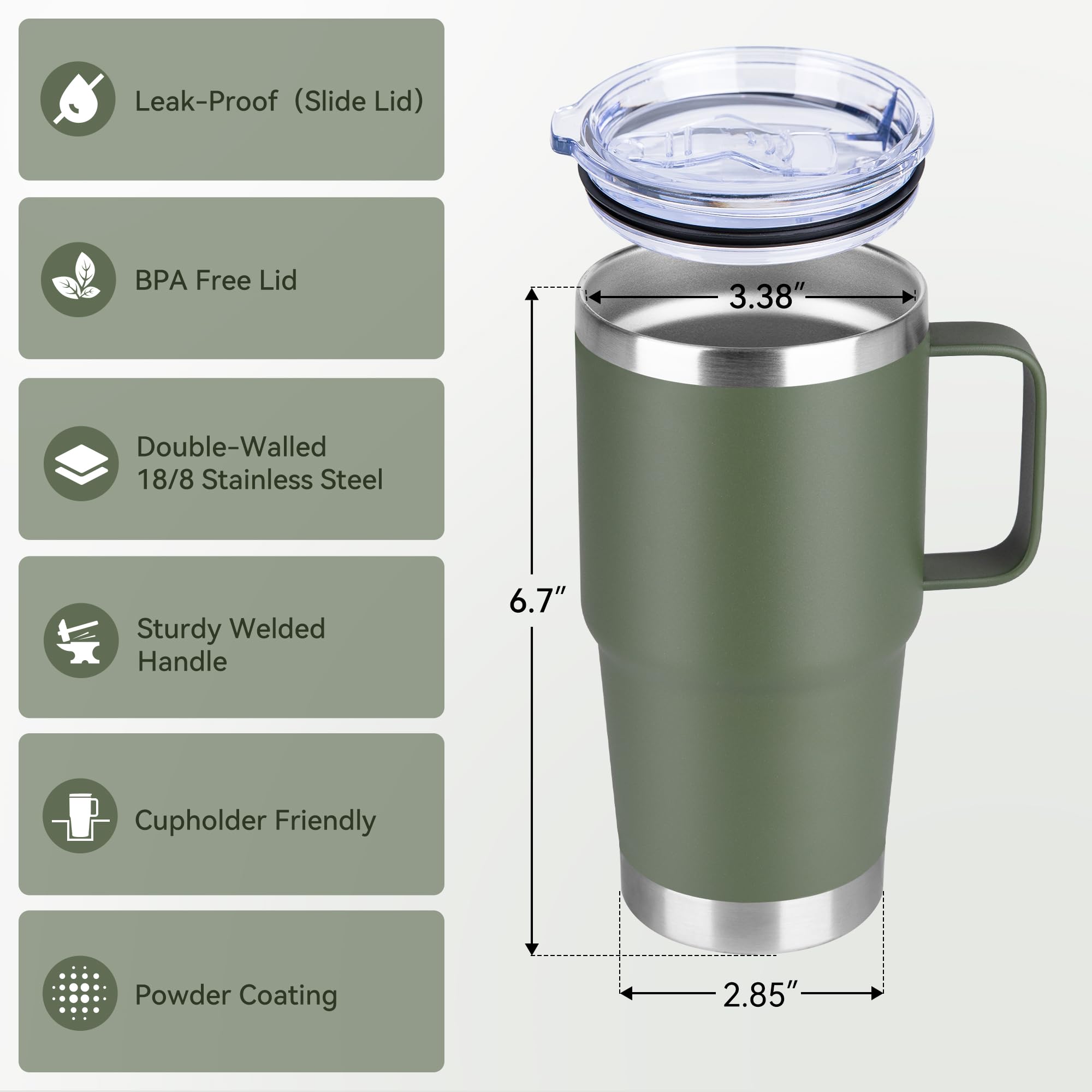 20oz Tumbler with Lid, Stainless Steel Tumbler with Handle, Metal Insulated Travel Coffee Mug with Handle, Double Wall Vacuum Spill Proof Tumbler Cup, Amy Green 1 Pack