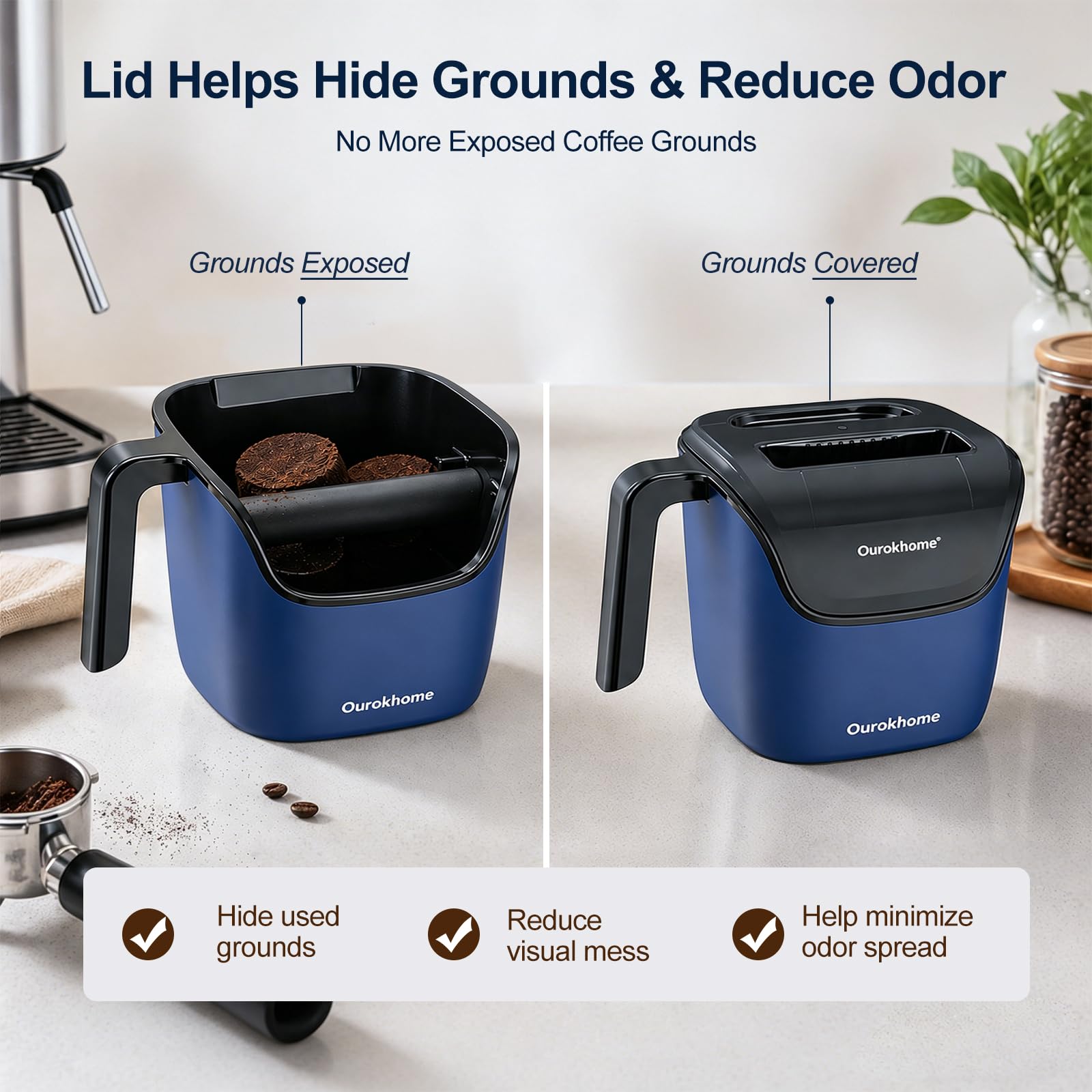 Ourokhome Espresso Knock Box with Lid, Compact Coffee Grounds Container for Home Coffee Bar, Removable Knock Bar, 304 Stainless Steel Exterior, Non-Slip Base & Handle, Easy Clean (Deep Blue)