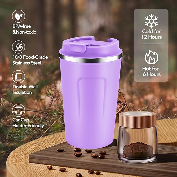 Volhoply 12 oz Double Wall Insulated Vacuum Travel Coffee Mug with Flip Lid Bulk 8 Pack,Reusable Stainless Steel Leak Proof Coffee Cup,Portable Thermal Tumblers for Hot & Cold Drinks(Assorted,8 Set)