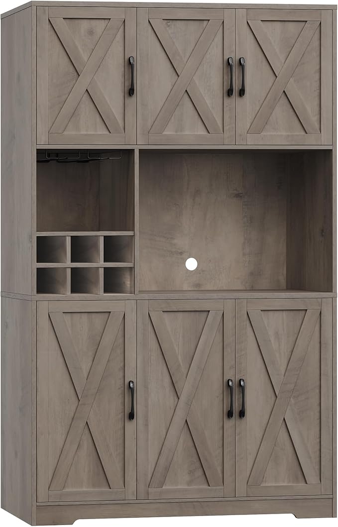 HOSTACK Kitchen Pantry Storage Cabinet, 71" Tall Food Pantry Cabinet with Microwave Stand, Farmhouse Kitchen Hutch, Coffee Bar Hutch with Wine Rack for Dining Room, Living Room, Ash Grey