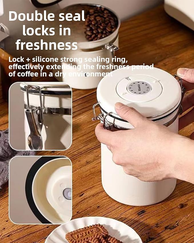 Coffee Canister, Stainless Steel Coffee Bean Storage Container with Date Tracker and Scoop, Kitchen Food Container for Grounds Coffee, Beans, Tea, Flour, Cereal, Sugar, 22OZ (1800ML | Beige)