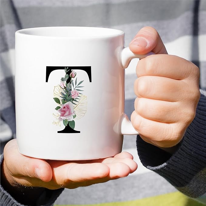 Retreez Initial A-Z Floral Botanical Bouquet Alphabet Monogrammed Monogram Mug 11 Oz Ceramic Tea Coffee Mugs - Appreciation Thank You Wedding Birthday Gifts for her friend coworker sister - T Initial