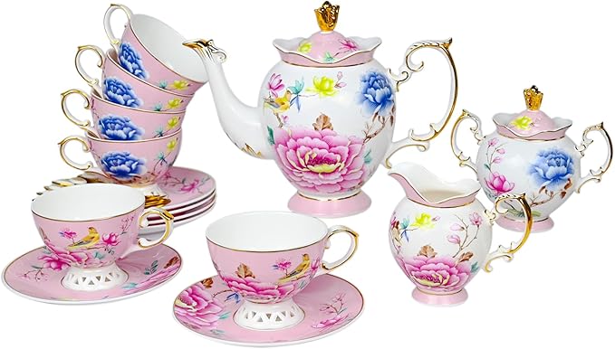 ACMLIFE Tea Set for Adults- Fine China Tea Set for 6, 21-Piece Vintage Coffee Set English Porcelain Tea Pot Sets for Adult Tea Party for Women Gift (Pink, Extra Large 21)