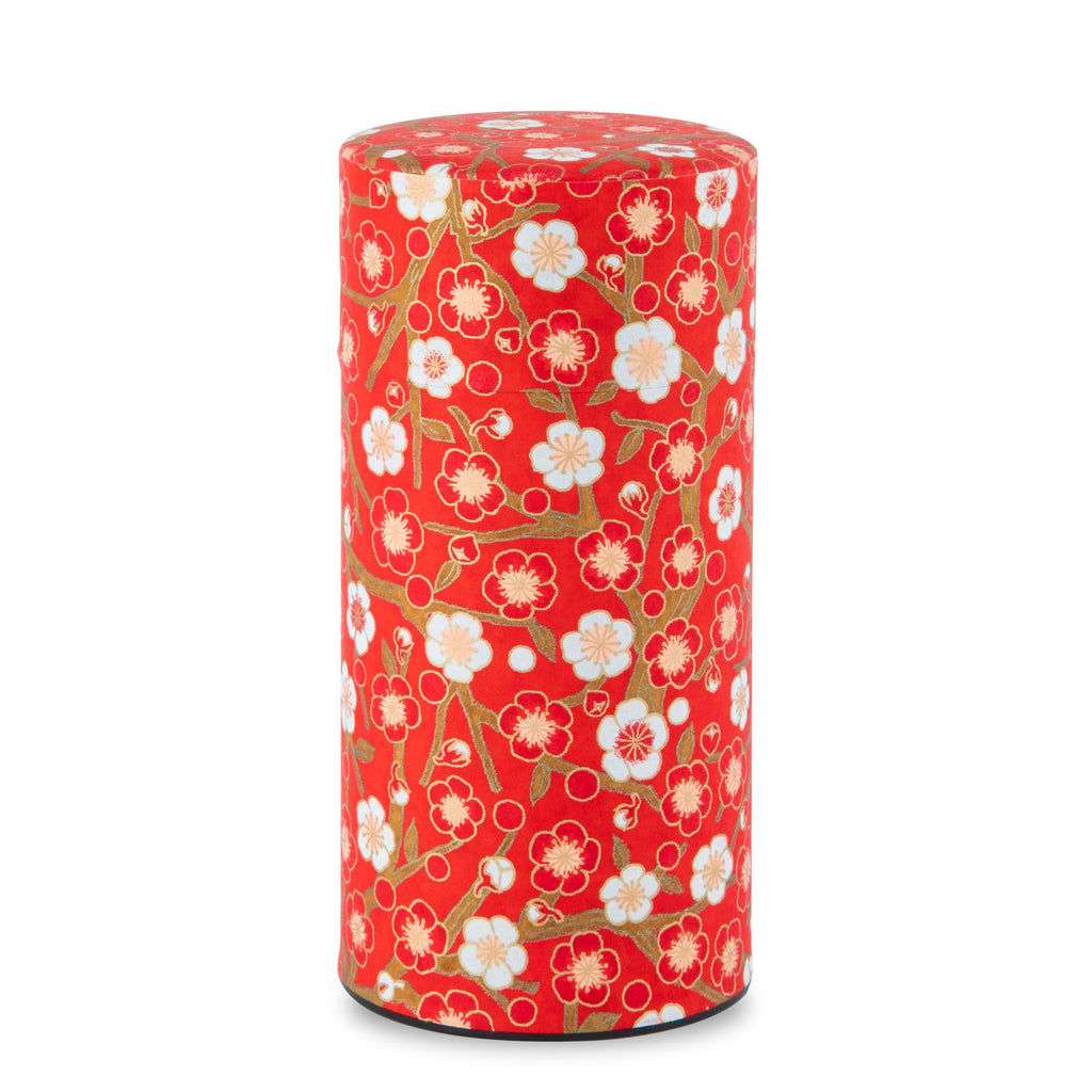 NOREN Japanese Tea Canister Tin (Yuzen Washi Paper - Plum/Red), 7.06oz Size/Made in JAPAN with Includes Inner Lid of Airtight Damp-Proof/Kitchen Jar for Loose Leaf Coffee Tea Spice and More
