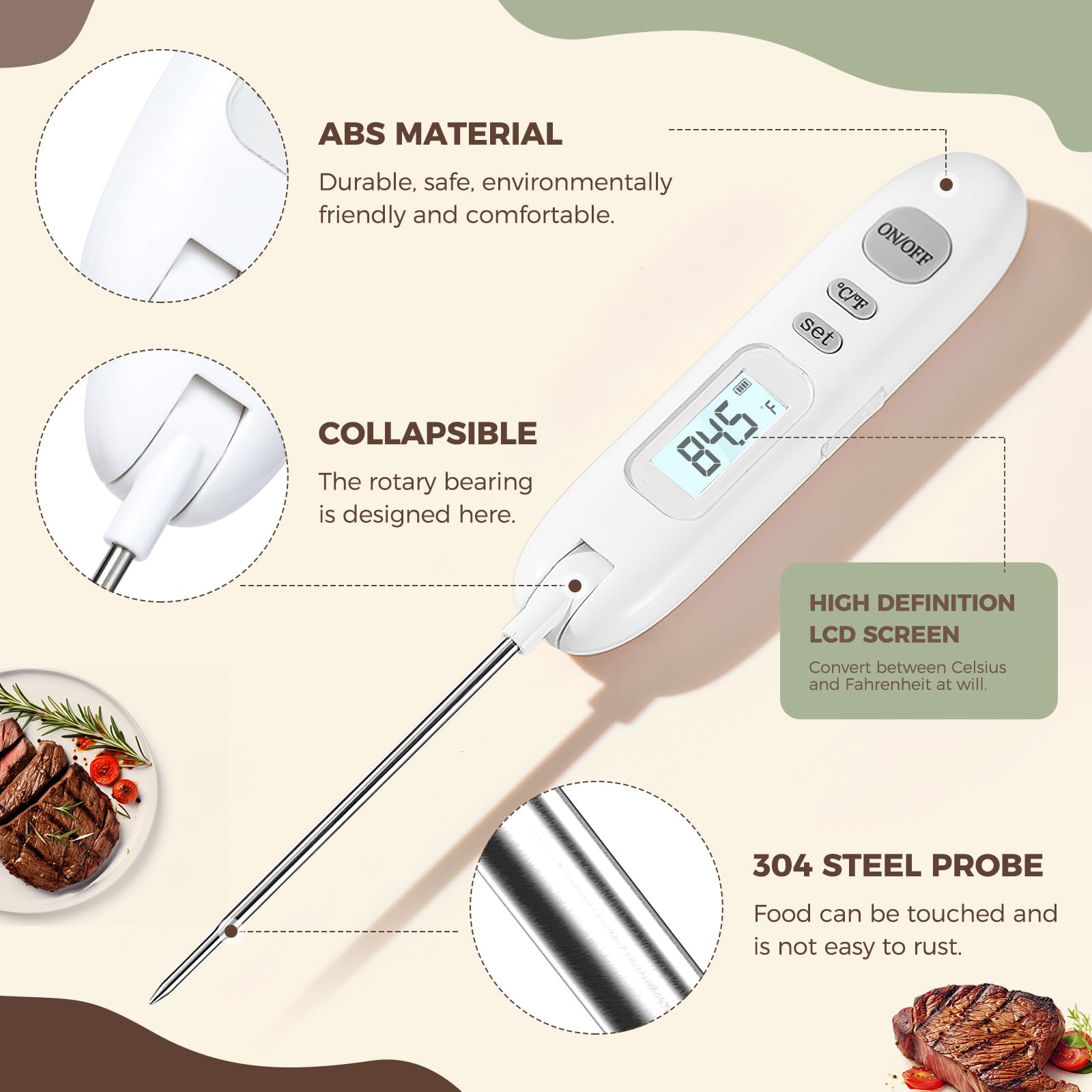 Meat Thermometer Digital,Instant Read Food Thermometer for Cooking Grilling Air Fryer Griddle Probe Kitchen Gadgets Essentials BBQ Grill Smoker Oil Fry Candy Turkey,White