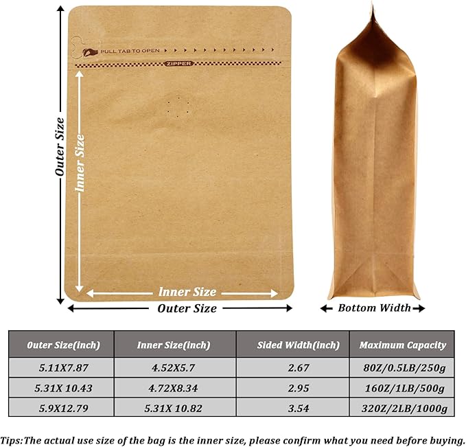 Coffee Bags with Valve (50 PCS,32oz/2lb) Kraft Paper High Barrier Aluminum Foil Flat Bottom Standing Coffee Beans Storage Packaging Bags,Reusable Heat Seal Side Zipper Pouches for Small Business&Home
