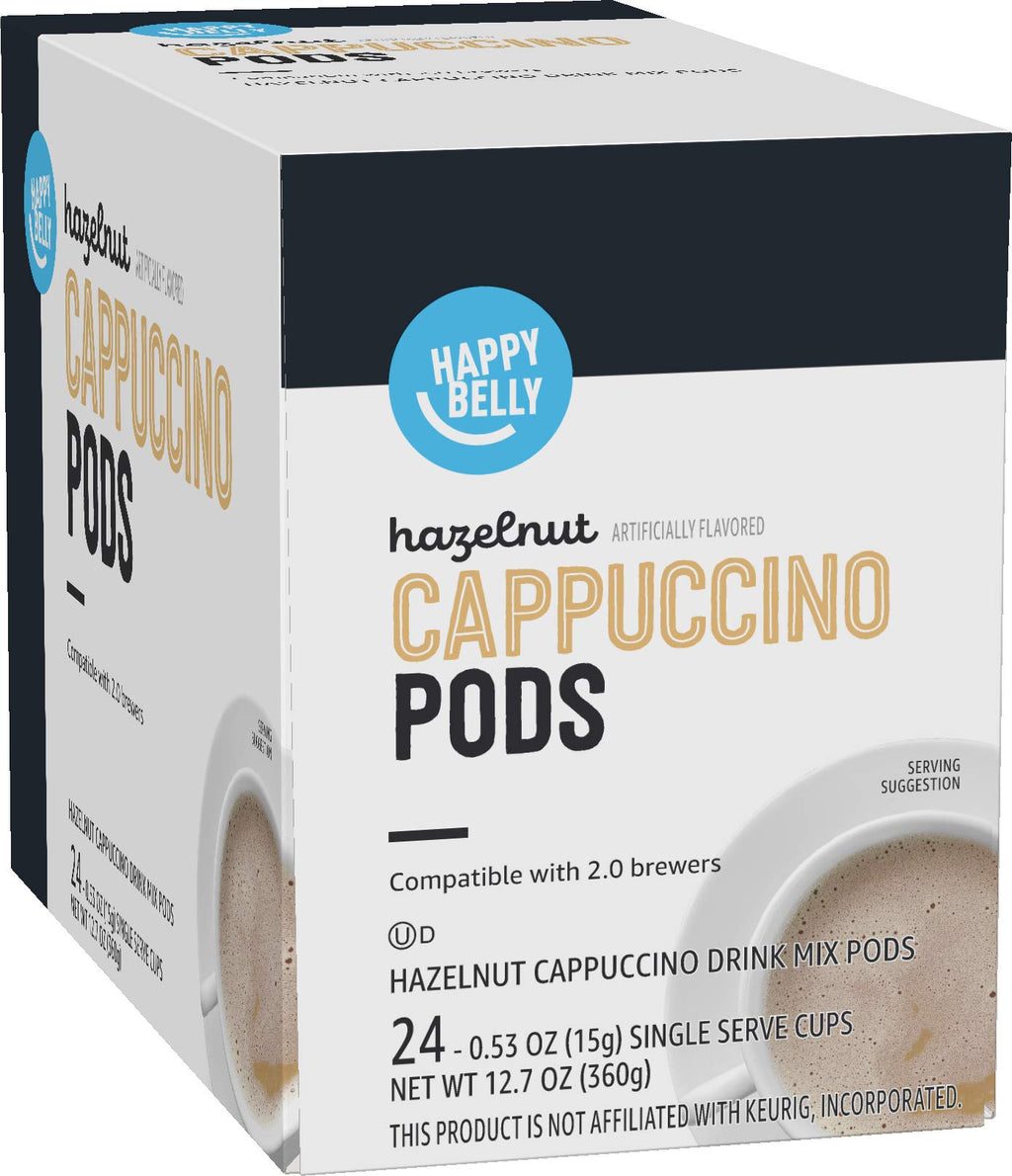 Happy Belly Light Roast Cappuccino Coffee Pods, Hazelnut Flavored, Compatible with K-Cup Brewers, 24 Count