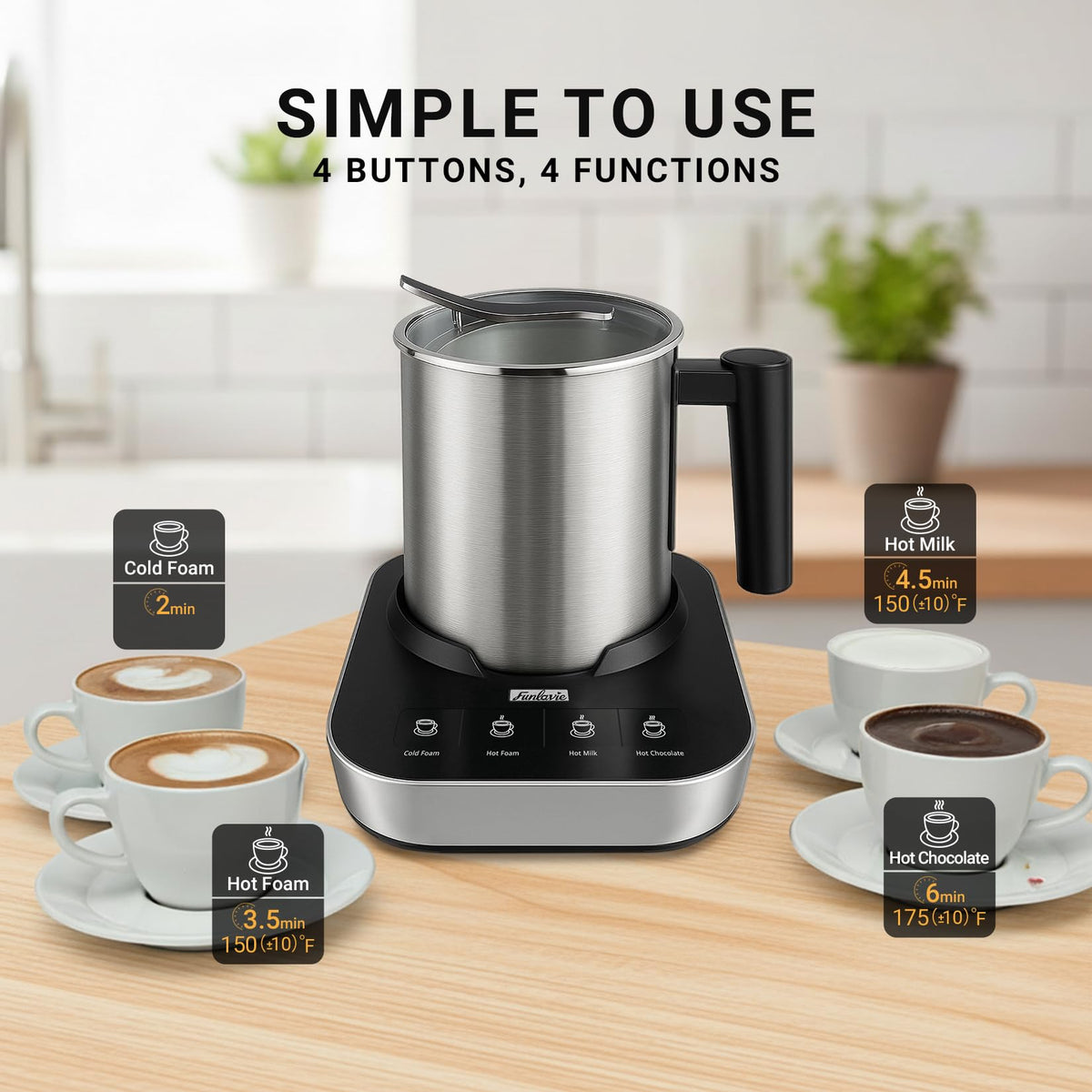 FUNLAVIE 4-in-1 Electric Milk Frother and Steamer with Auto Shut-Off
