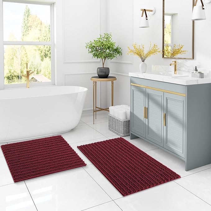 Arotive Luxury Chenille Bathroom Rug Mat, Extra Soft Thick Absorbent Shaggy Bath Rugs, Non-Slip Machine Wash Dry, Plush Bath Mats for Bathroom, Shower and Tub, 34x21, Burgundy