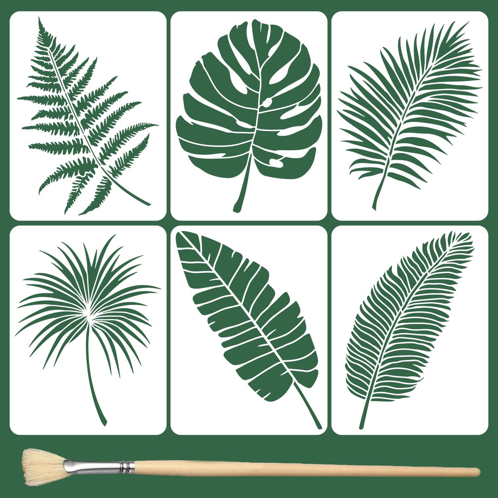 TWINKLEMON 6PCS Large Leaf Stencils for Painting on Walls 16 x 12 Inch Plant Stencil with Brushes Palm Leaf Wall Stencil Tropical Leaves Stencils Plastic Drawing Templates for Wall Furniture Fabric