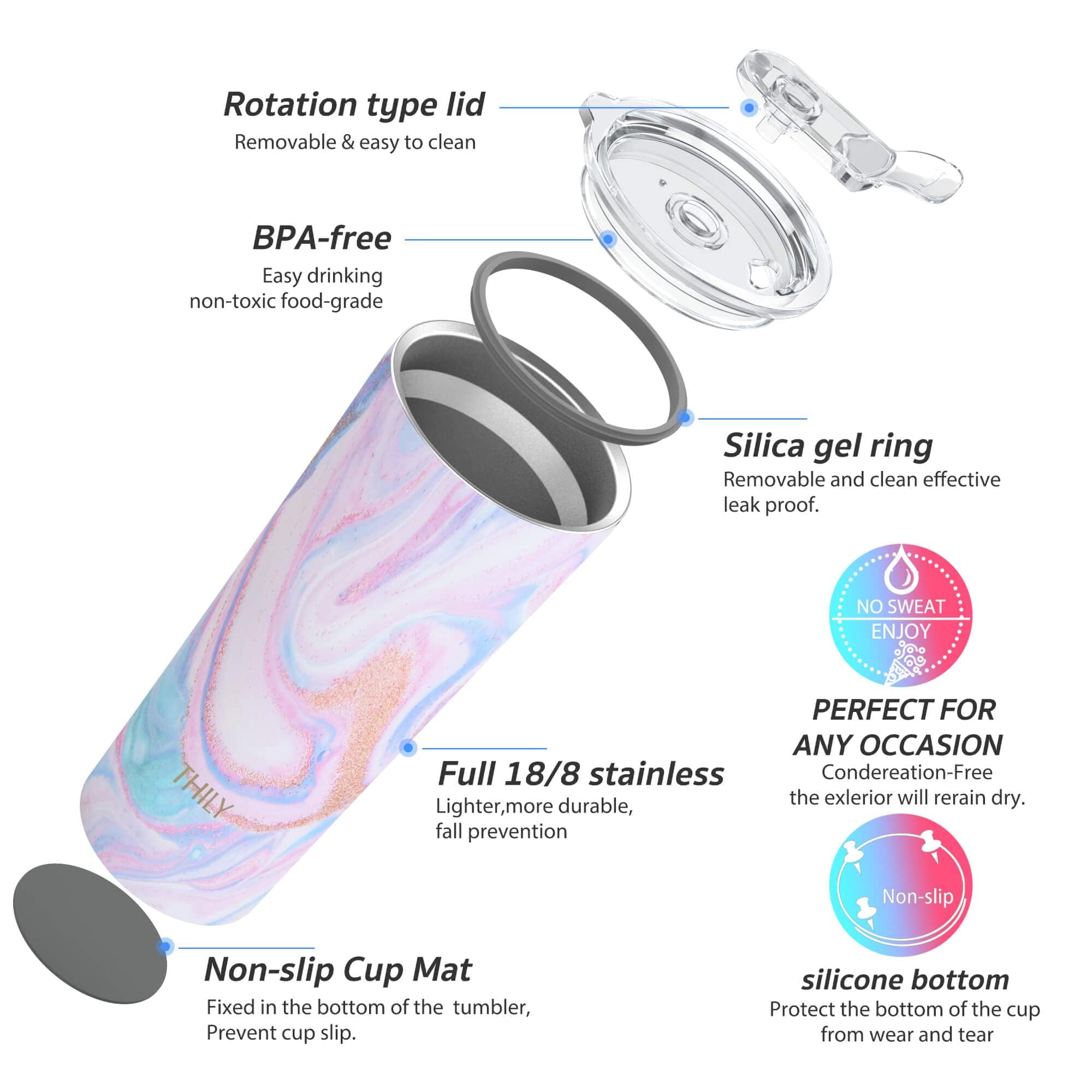 THILY Tumbler Stainless Steel Coffee Cup 26 oz Triple-Insulated Travel Mug with Splash-Proof Lid, for Ice Drinks and Hot Beverage Smoothies Cup, Pink Ripple