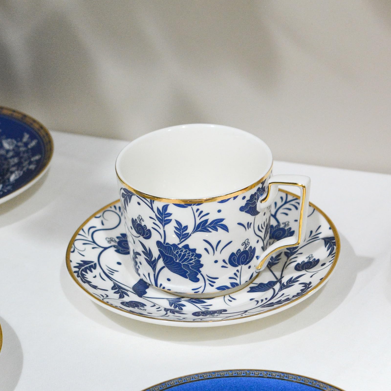 ACMLIFE Bone China Tea Cups and Saucers Set of 4, 6.8 oz Blue and White Tea Cups Set of 4, with Gold Trim and Gift Box (Blue-4)