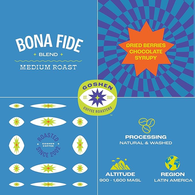 Goshen Coffee Roasters Whole Bean Bona Fide Blend | Medium Roast, Brewed or Espresso | Award-Winning, Natural and Washed | Chocolate, Syrupy, Dried Berry Flavors | 12 Oz Bag