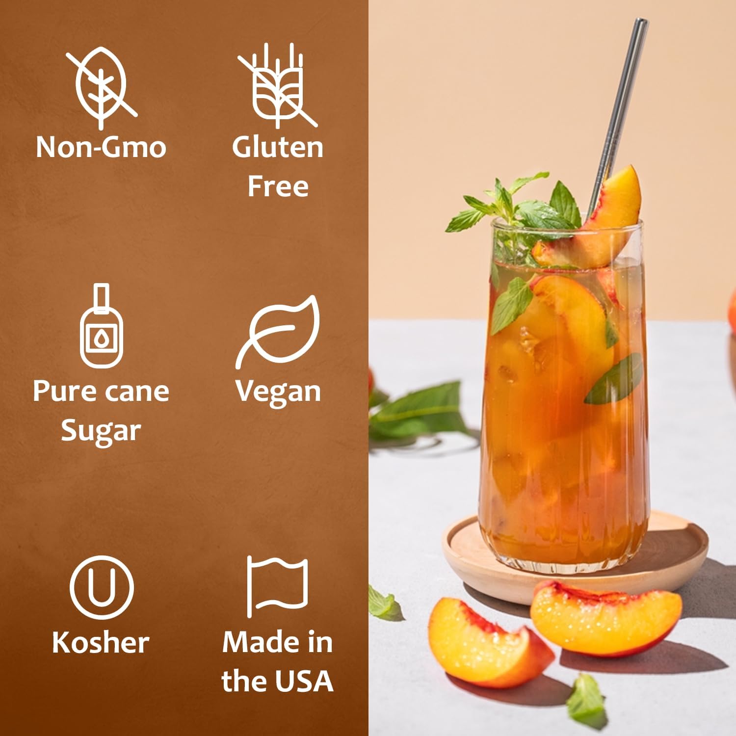 Syruvia Peach Syrup, Flavored Syrup for Cocktails, Fruit Drinks, Lemonades, and Desserts – 25.4 fl oz