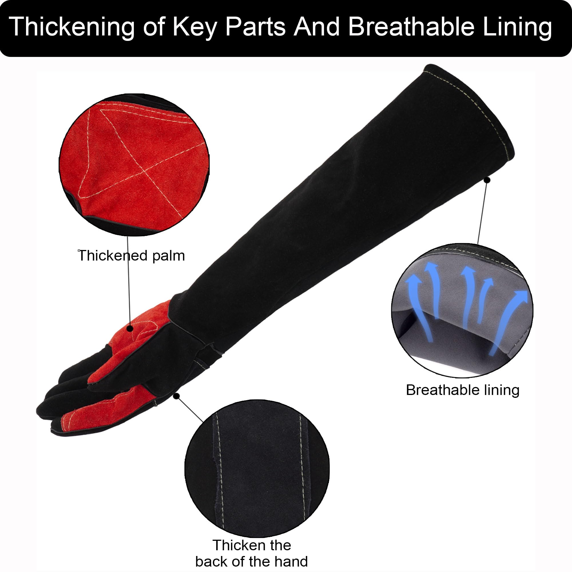 MOUTCLMB Long Welding Gloves 23.6 Inches 932℉,Heat/Fire Resistant Leather For Mig, Tig, Stick, Forge, BBQ, Grill, Fireplace, Wood Stove, Furnace, Oven-Black