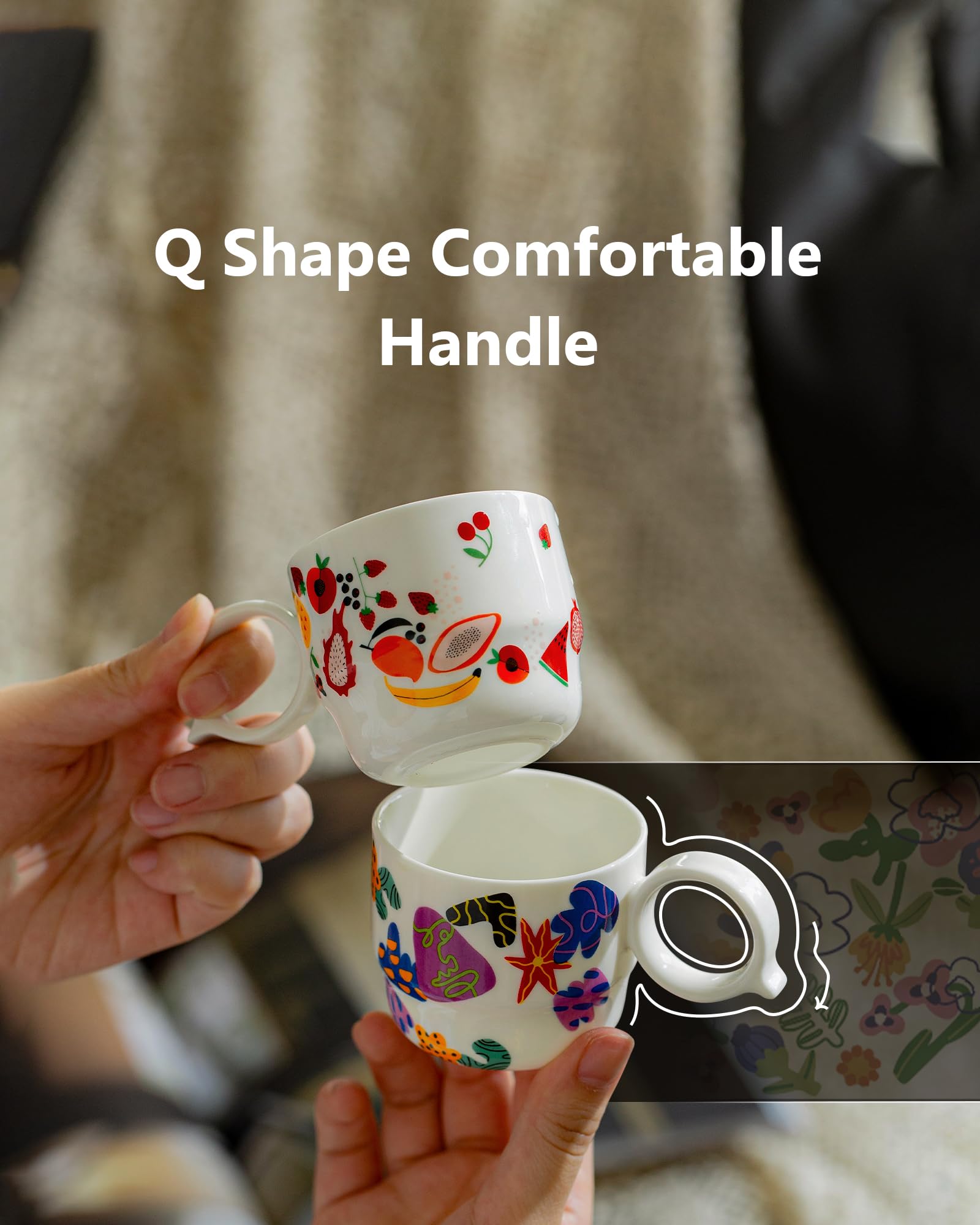 BOILMERIT Ceramic Espresso Cups Set of 2 – Mini 3 oz Double Espresso Coffee Cups Small Espresso Shot Cups with Cute Q Handle, Gift for Coffee Lovers, Floral and fruit Patterns-White