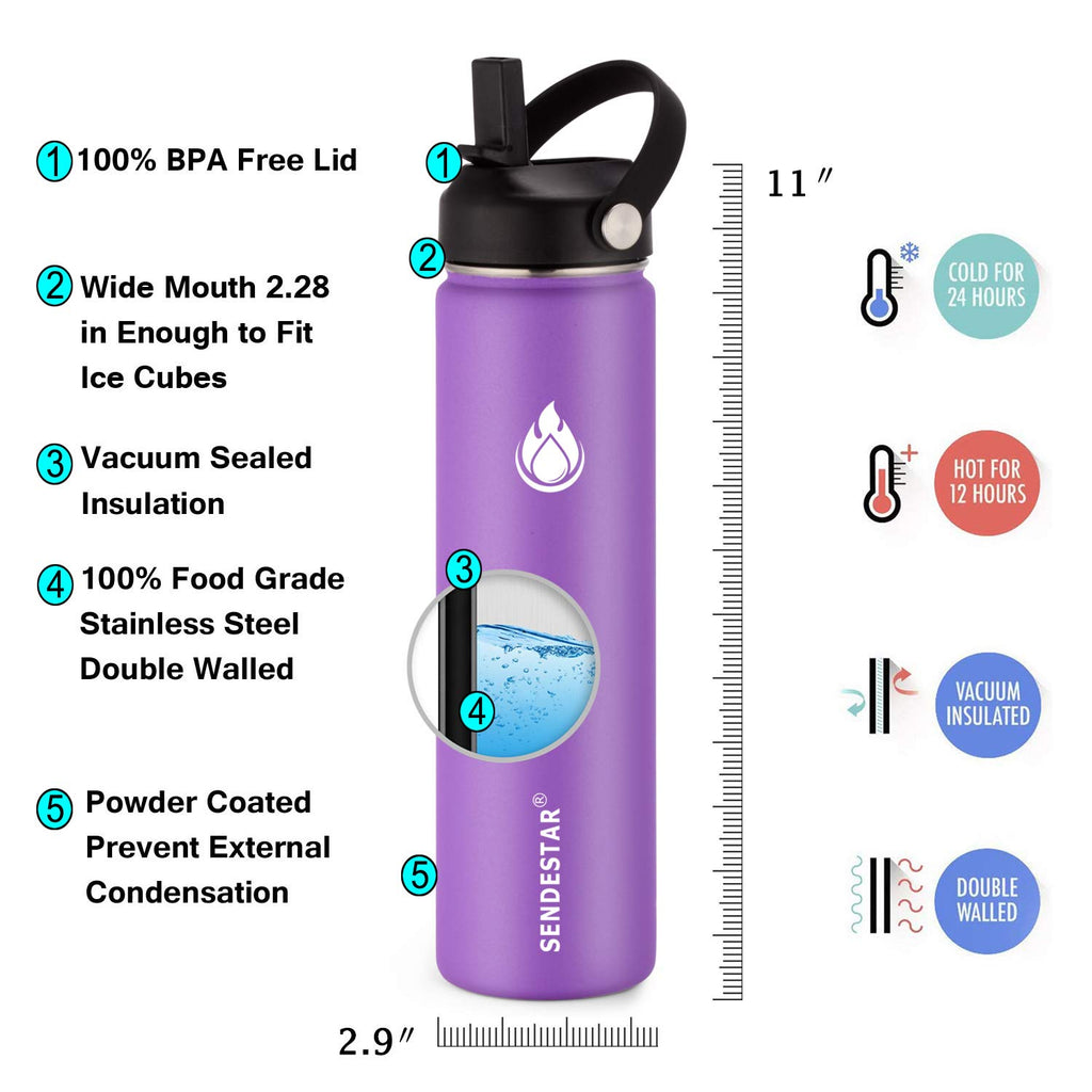 SENDESTAR Stainless Steel Water Bottle, Wide Mouth Water Bottle 24 oz with Straw Lid, Spout Lid, Double Wall Vacuum Insulated Leak Proof, Keeps Liquids Hot or Cold (Violet)