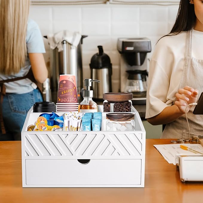 Farmhouse Wooden Coffee Bar Organizer - Countertop Station With Drawer, Pods Holder & Storage Basket