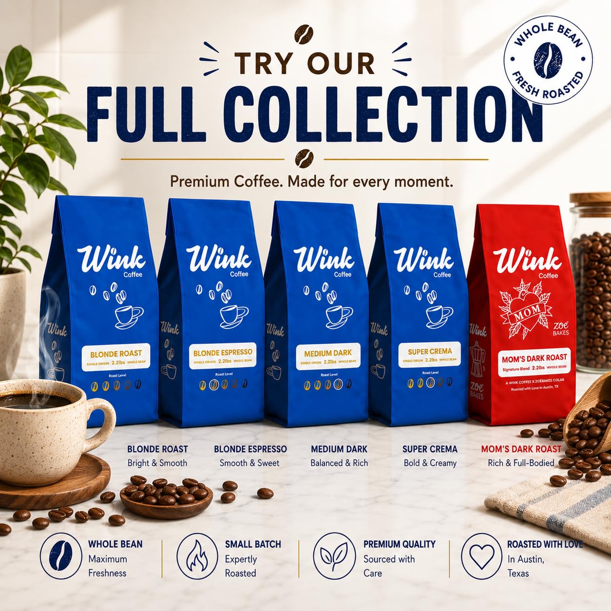 Wink Coffee Blonde Espresso Whole Bean Coffee, 2.2 lb Bag, Light Roast Coffee Beans, 100% Arabica, Single Origin, Gourmet, Small-Batch, Smooth & Balanced, Sustainably Sourced