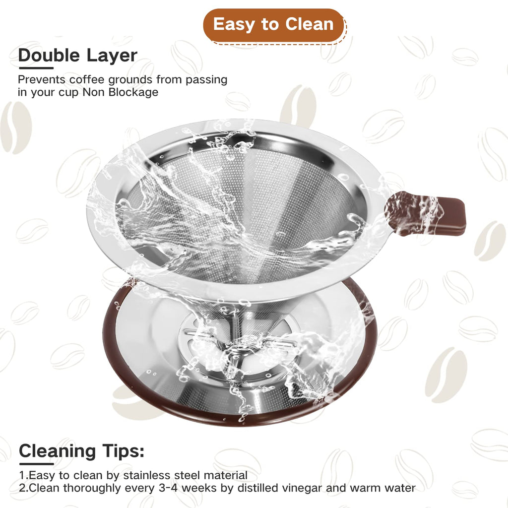 Pour Over Coffee Dripper, Stainless Steel Reusable Cone Filter, 1-2 Cup