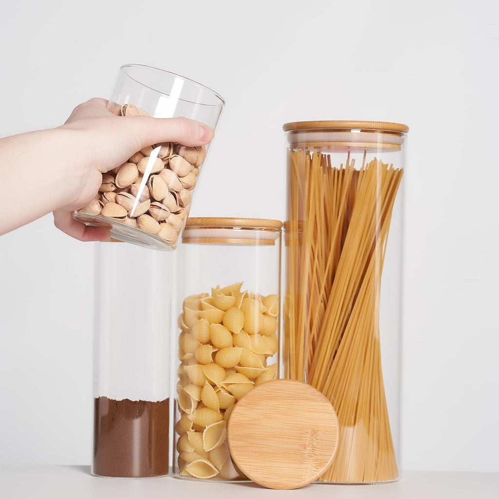 SHOWIN Glass Food Storage Jars, Glass Jars with Bamboo Lids, Kitchen Storage Jars, Canisters with Airtight Lids for Spice, Coffee, Cookie, Set of 7, Pantry Organizers