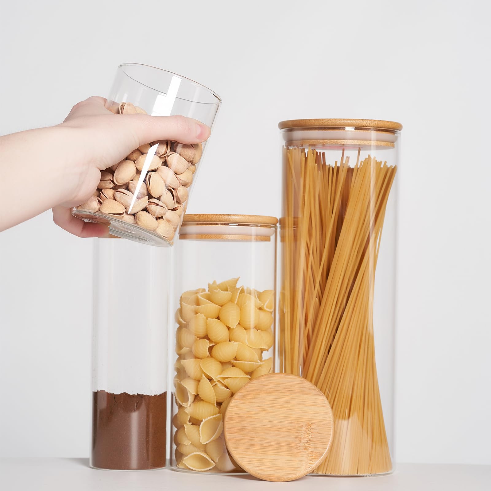 SHOWIN Glass Food Storage Jars, Glass Jars with Bamboo Lids, Kitchen Storage Jars, Canisters with Airtight Lids for Spice, Coffee, Cookie, Set of 7, Pantry Organizers