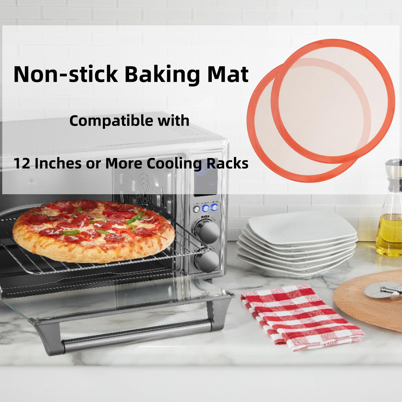 Round Silicone Baking Mats for 12 Inch Pizza Pan, 12 Inch Large Pizza Mat or Dough/Cake Mat, Round Liner for Rolling/XL Air Fryer/Cooling Rack/Microwave, Food Grade Non-Stick Reusable(11.75", 2PCS)